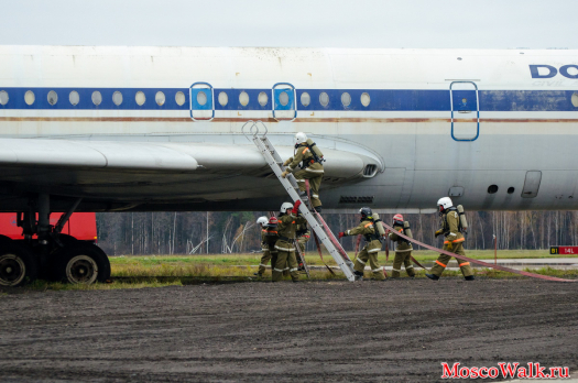 отряд спасателей по лестнице залезает на крыло самолета