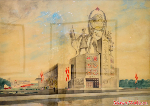 Братья Веснины. Эскиз павильона СССР для Всемирной выставки в Нью-Йорке.