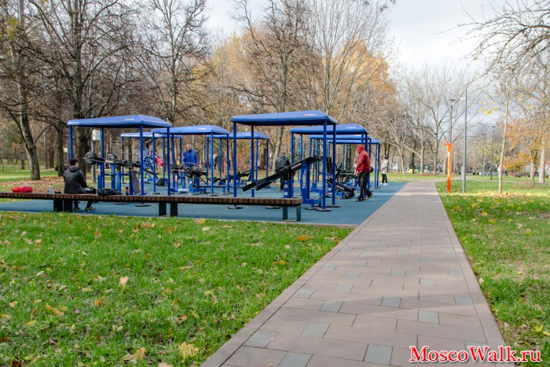 площадка с грузоблочными тренажерами в парке