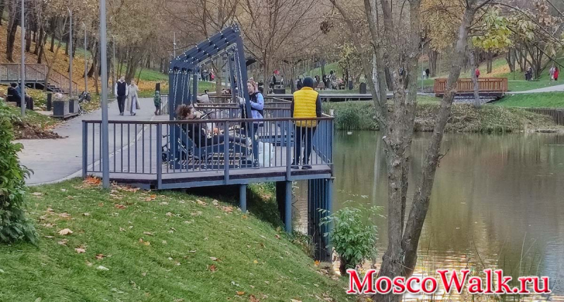 качели на берегу пруда
